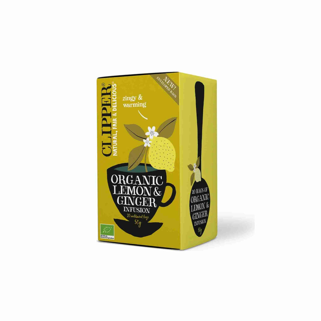 Økologisk Clipper Citron & Ingefær te, 20 breve med naturlige ingredienser, frisk citronsmag og et let ingefærkick.