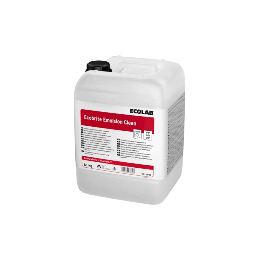 Ecolab Ecobrite Emulsion tøjvask 12 kg, flydende vaskemiddel uden parfume, effektiv mod pletter og svanemærket.