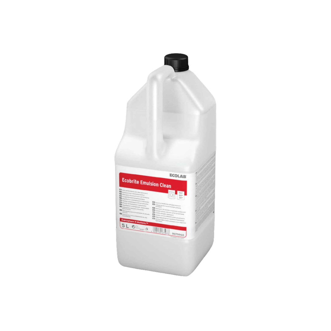 Ecolab Ecobrite Emulsion Clean tøjvask 5 ltr. x 2 stk., parfumefrit vaskemiddel mod fedt og pletter, skånsomt og effektivt.
