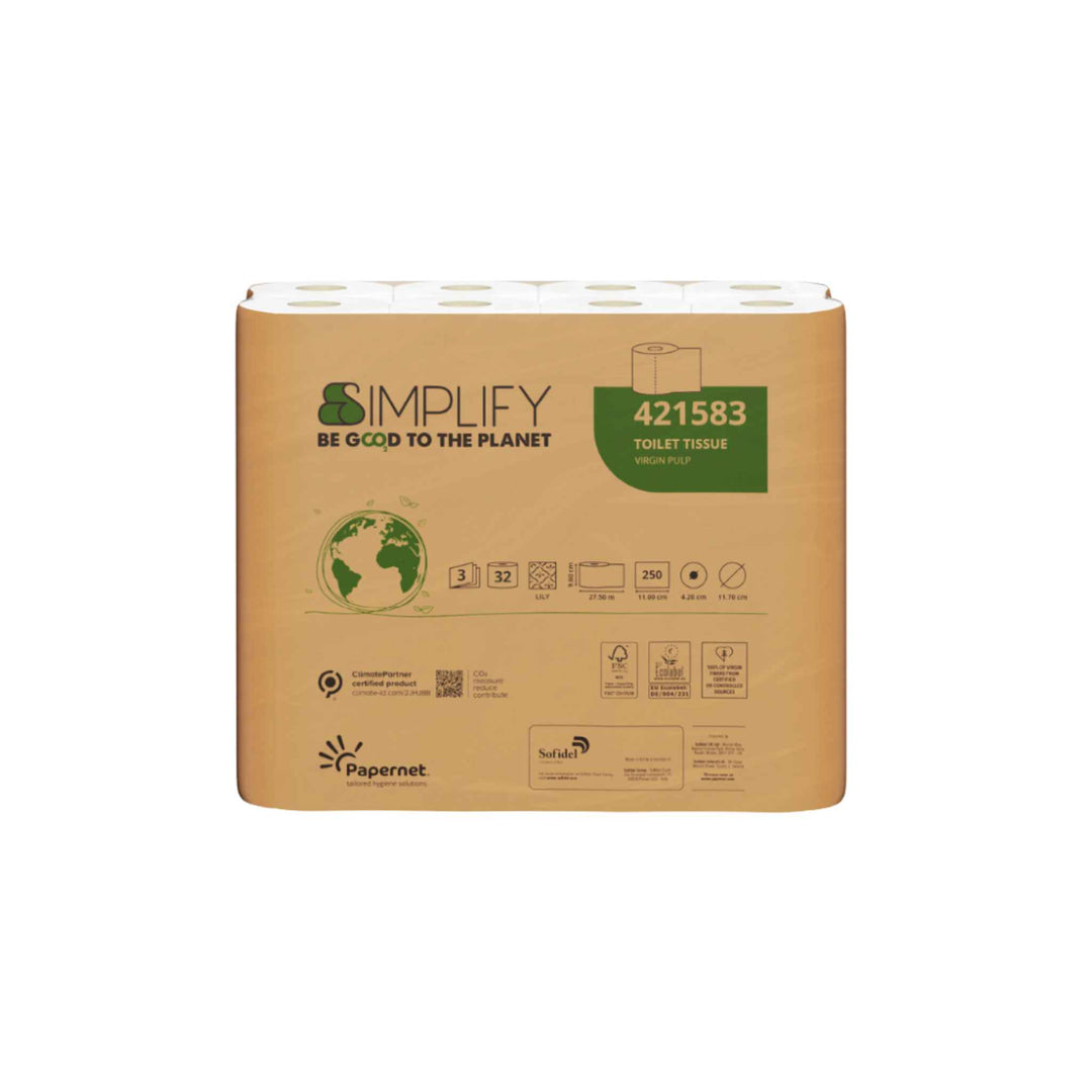Papernet 3-lags toiletpapir Simplify 421583, 27,5 m x 32 rl. Blødt FSC-certificeret papir med høj komfort og styrke.