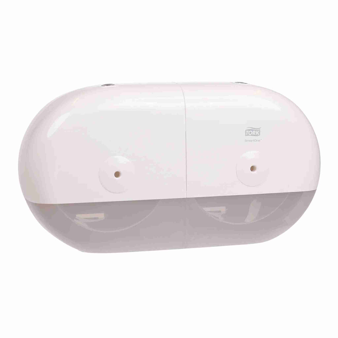 Toiletpapirdispenser Tork T9 SmartOne Mini Twin Hvid, 1 stk. CO2-neutral dispenser med ark-for-ark dosering, høj kapacitet og reduceret papirforbrug.