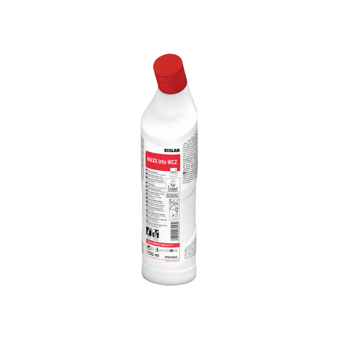 Ecolab Maxx Into WC2 toiletrens 750 ml. x 12 stk., effektiv mod kalk og urinsten, frisk duft og EU-Blomsten certificeret.