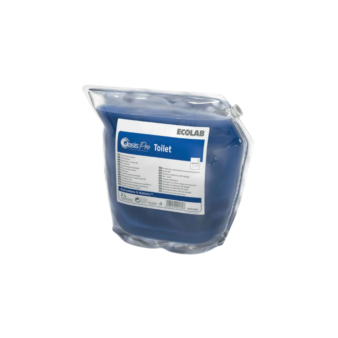 Ecolab Oasis Pro Toilet toiletrens 2 ltr. x 2 stk., stærkt surt middel mod kalk og rust, giver frisk duft og effektiv rengøring.