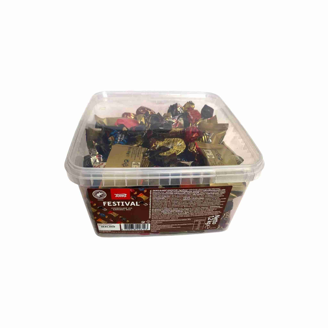 Toms Festival Mix 1,2 kg chokolade og toffee, individuelt indpakket til nem servering.