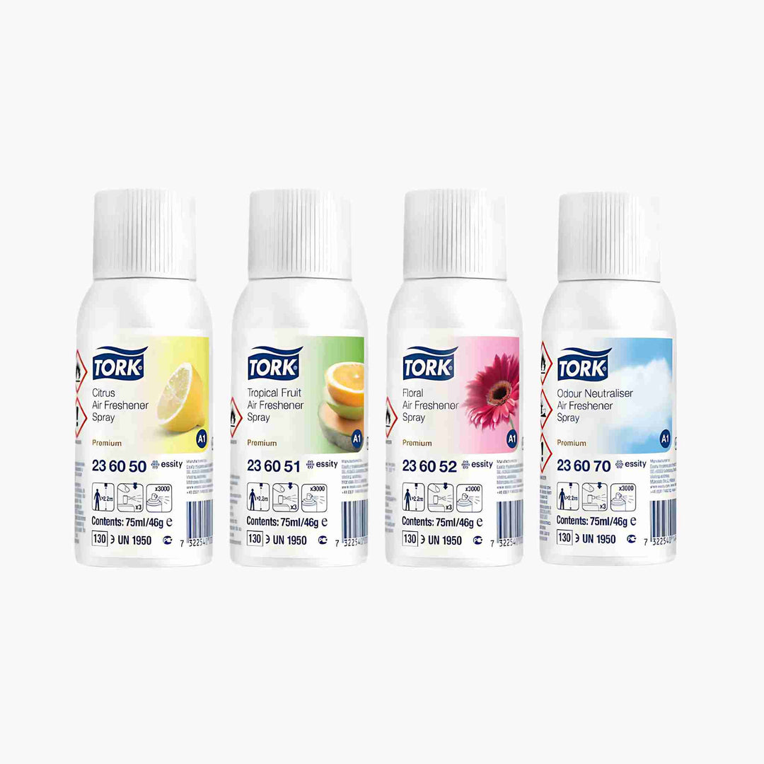 Tork A1 luftfrisker med patenteret lugtneutralisering og langtidsholdbar duft i tropisk frugt, citrus eller blomst.