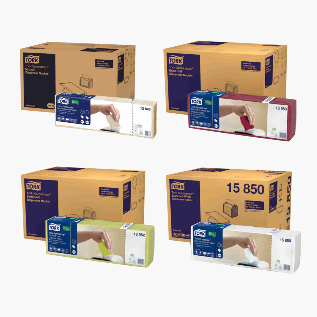 Tork N4 servietter i 1- eller 2-lags, elegante farver med 25 % mindre spild og hygiejnisk ét-ark-ad-gangen dispensering.