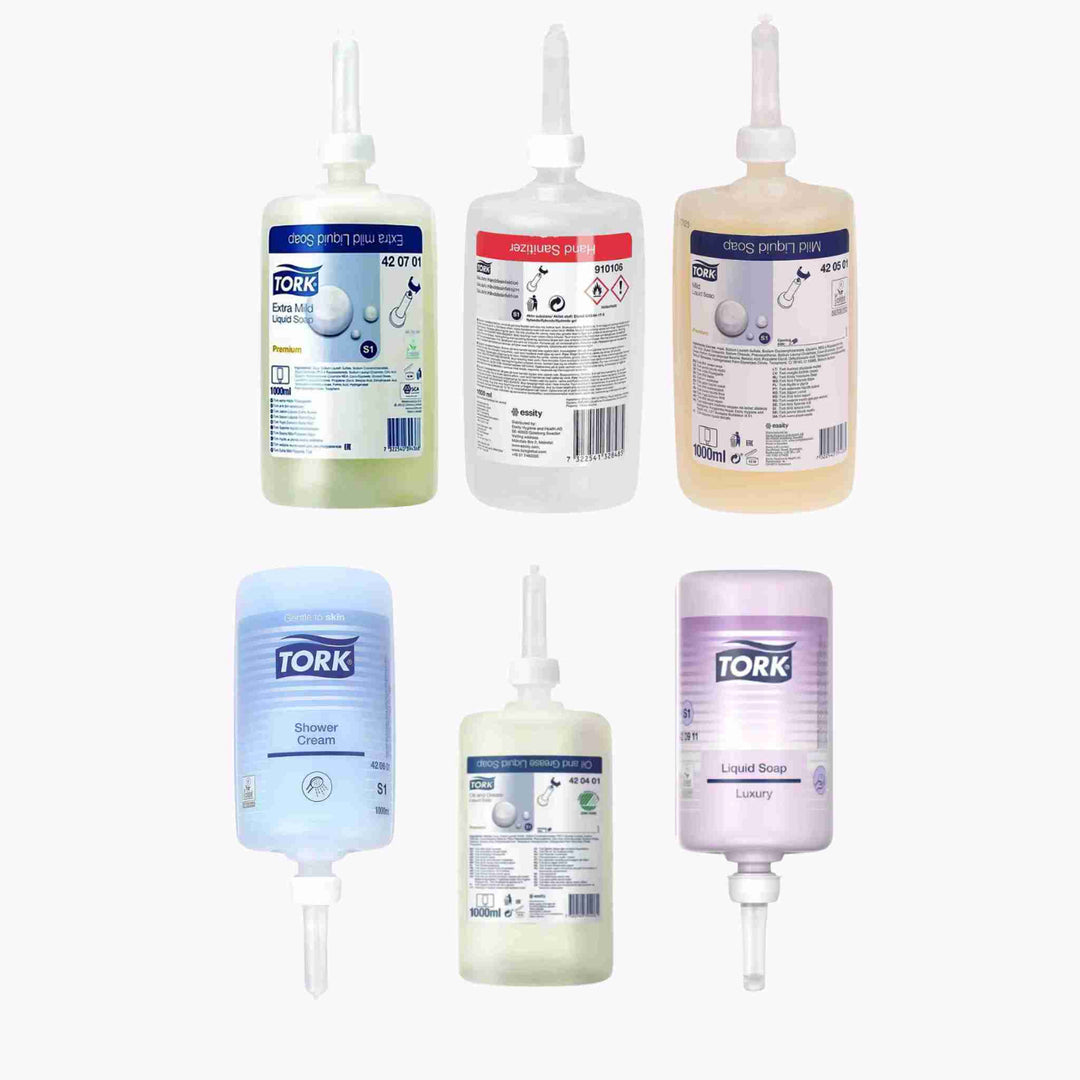 Tork S1 desinfektion og sæbe: fra mild parfumefri sæbe til kraftig hånddesinfektion, Svanemærket og ECARF-certificeret.