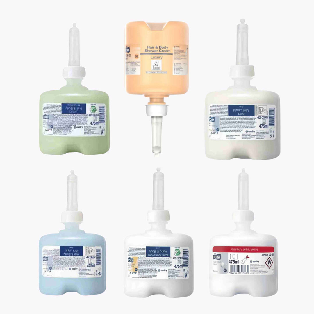 Tork S2 hygiejneprodukter med kompakte sæberefills, håndcreme og toiletsæderens for skånsom pleje og effektiv hygiejne.