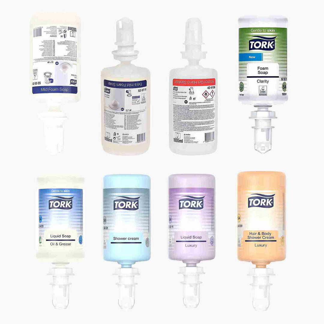 Udvalg af Tork S4 skumsæber, cremesæber og desinfektion – miljøcertificerede for plejende, effektiv og bæredygtig håndhygiejne.