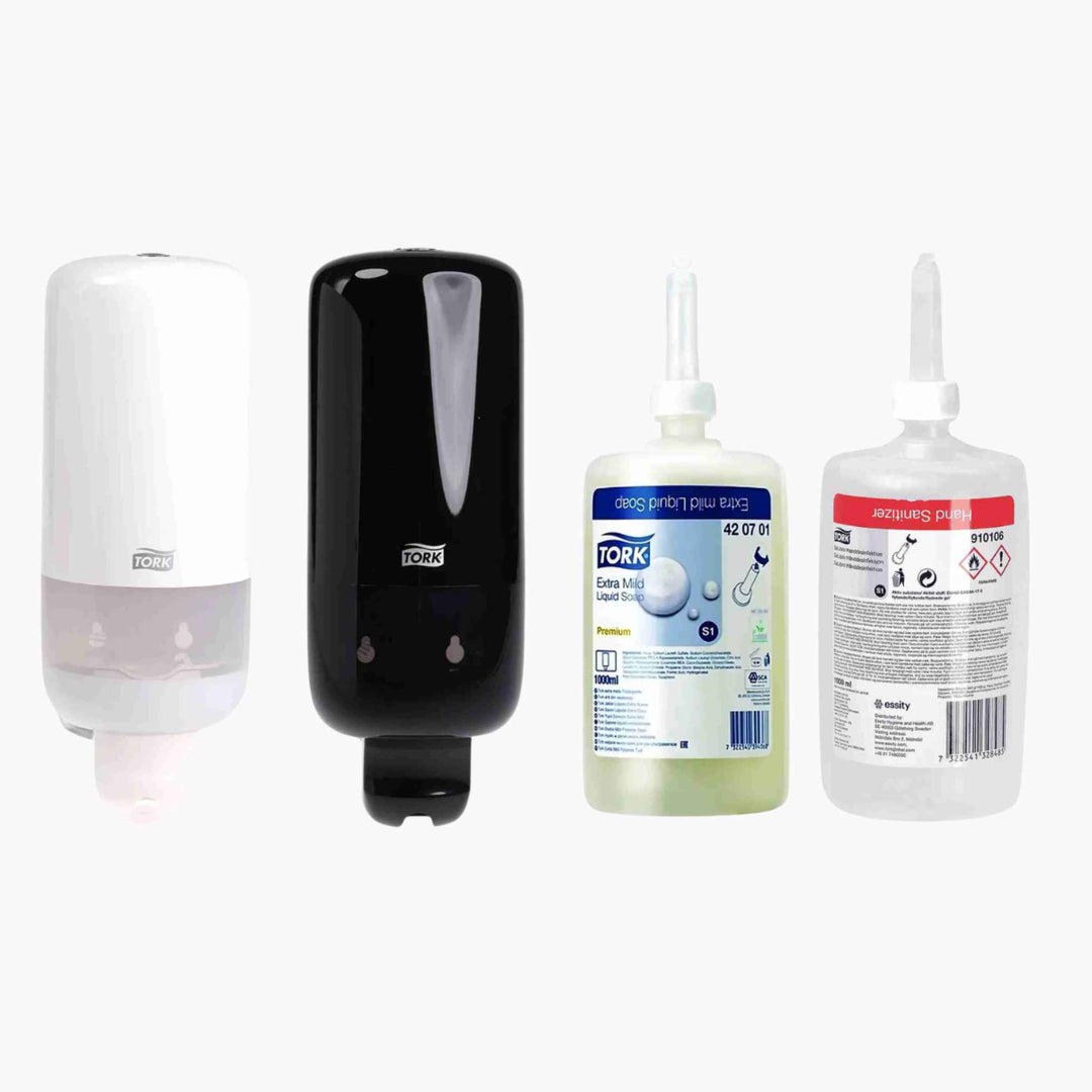 Udforsk Tork S1 hånddesinfektion og dispensere med effektiv funktion og moderne design til travle toiletmiljøer.