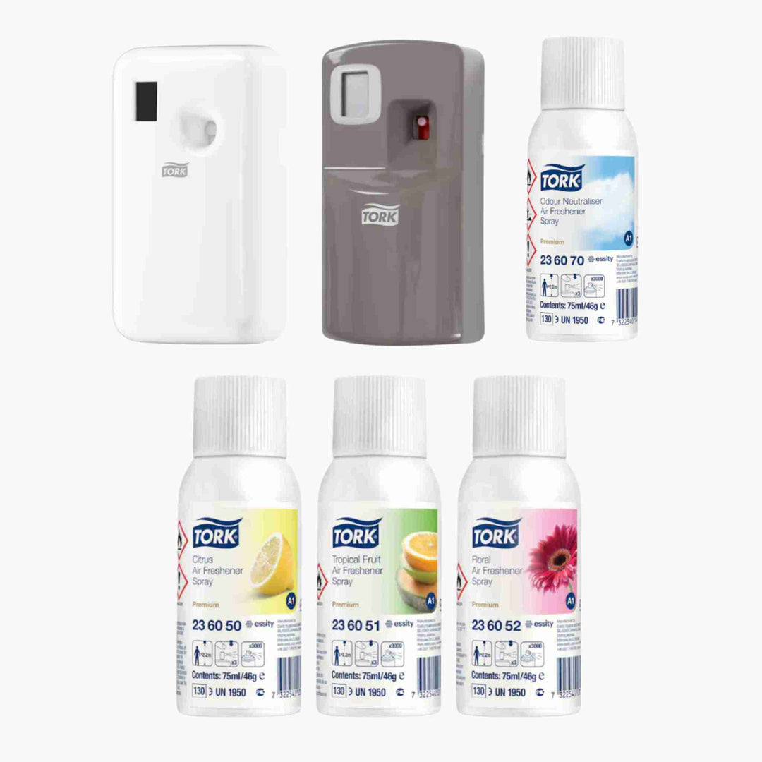 Find Tork A1 luftfriskere og dispensere, der sikrer frisk og behagelig luft på alle toiletter døgnet rundt.