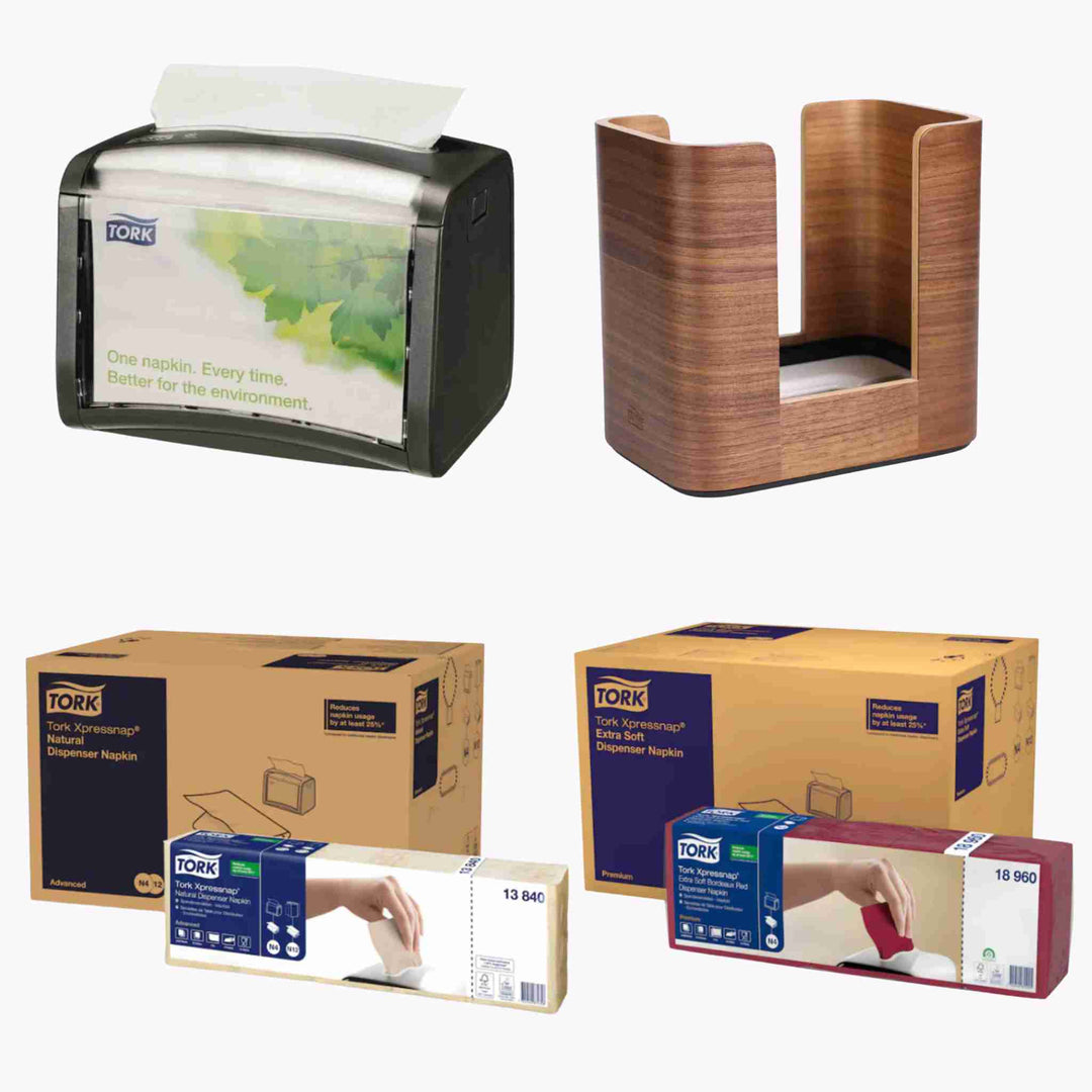 Find Tork N4 servietter og dispensere – ideelt til caféer og restauranter med selvbetjening.