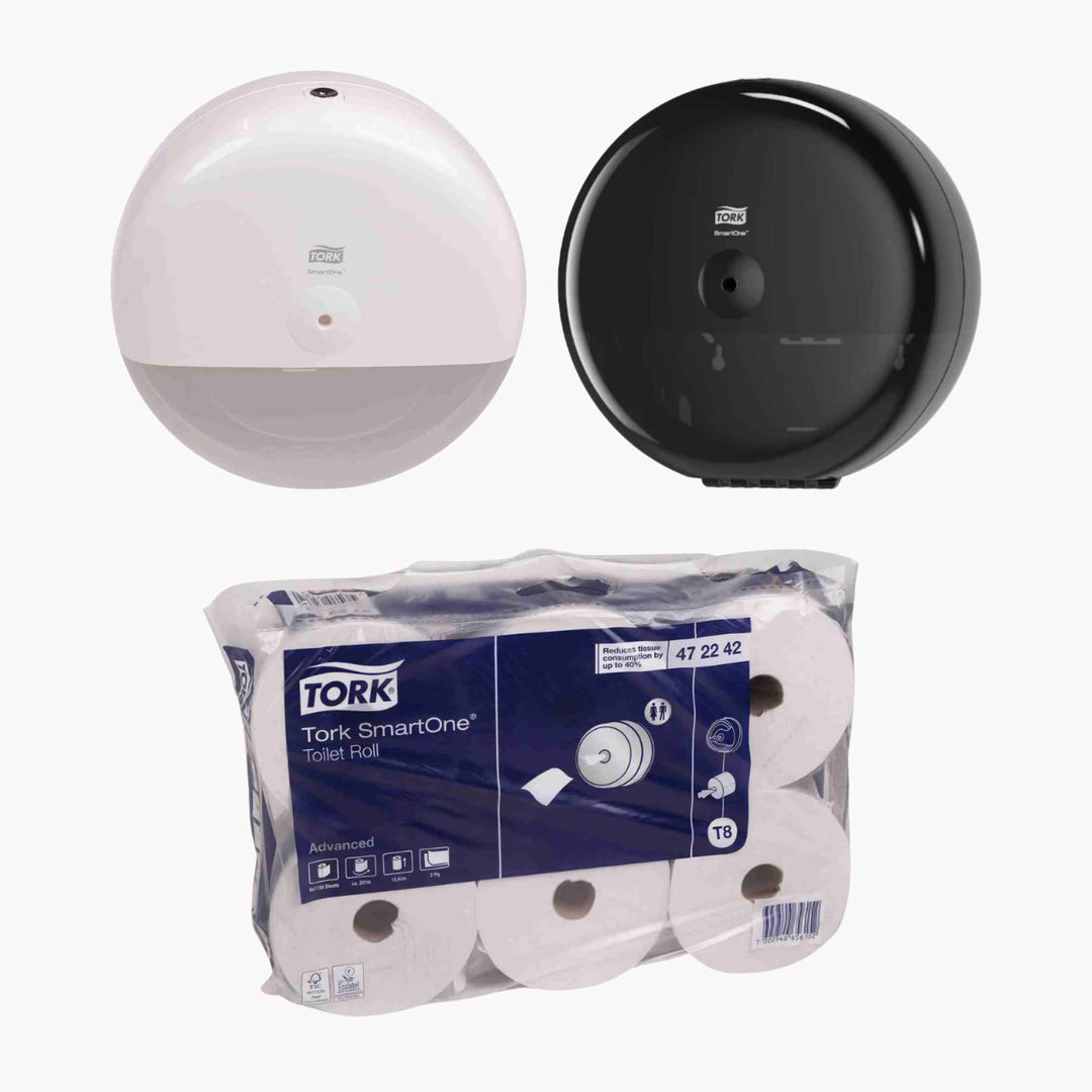 Find Tork T8 toiletpapir og dispenser med ét-ark-funktion, der reducerer forbrug med op til 40 % og forbedrer hygiejnen.