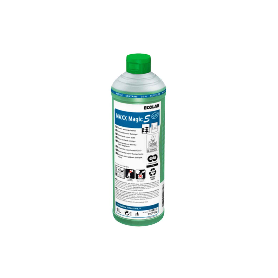 Ecolab Maxx Magic S universalrengøring 1 ltr. x 12 stk., effektiv til gulvrengøring og fedtfjernelse på hårde overflader.