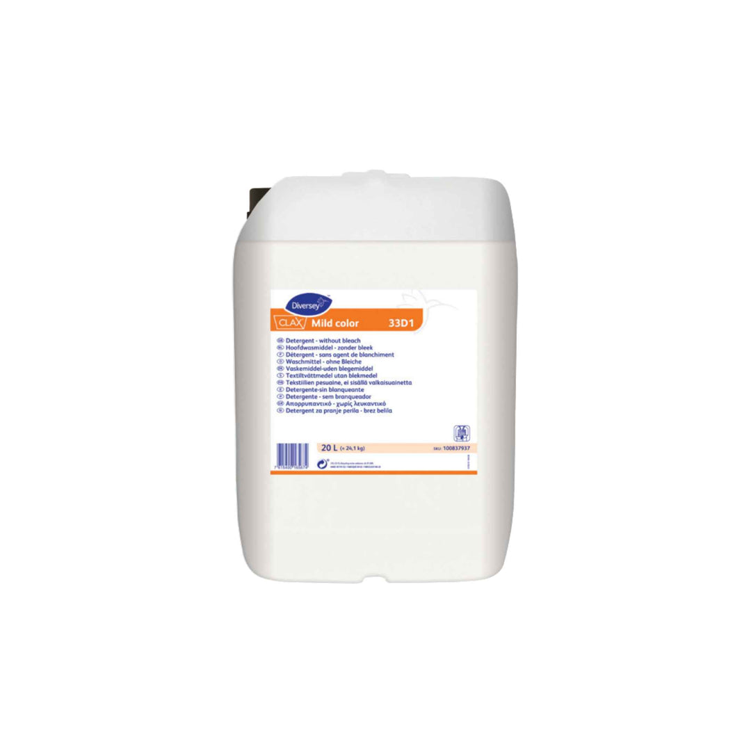 Diversey Clax Mild Forte Color 20 ltr., professionelt vaskemiddel uden blegemiddel til farvede tekstiler og skånsom vask.