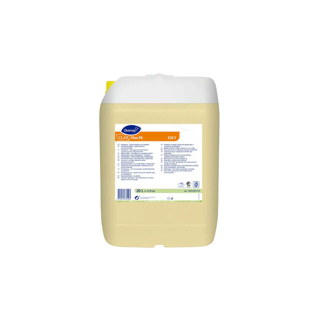 Diversey Clax Plus PE 33C1 20 ltr., svanemærket flydende vaskemiddel til professionel vask ved 30–60 °C.