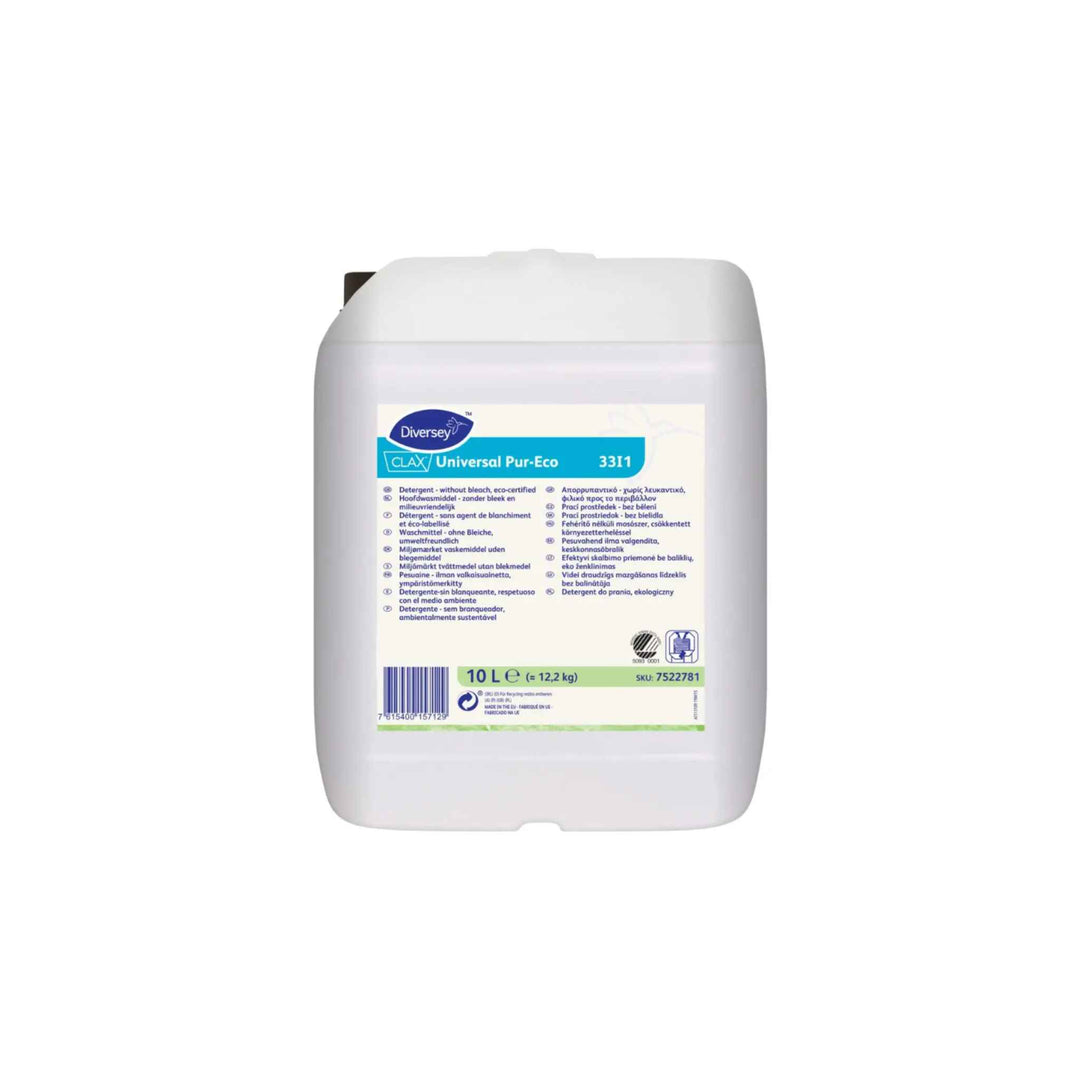 Diversey Clax Universal Pur-Eco 33I1 10 ltr., svanemærket vaskemiddel uden parfume til professionel tekstilvask.