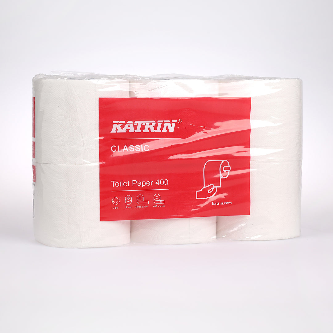Toiletpapir Katrin Classic i 2 lag findes hos Cares.dk. Høj komfort og mere papir, så du ikke skal skifte rulle lige så ofte.