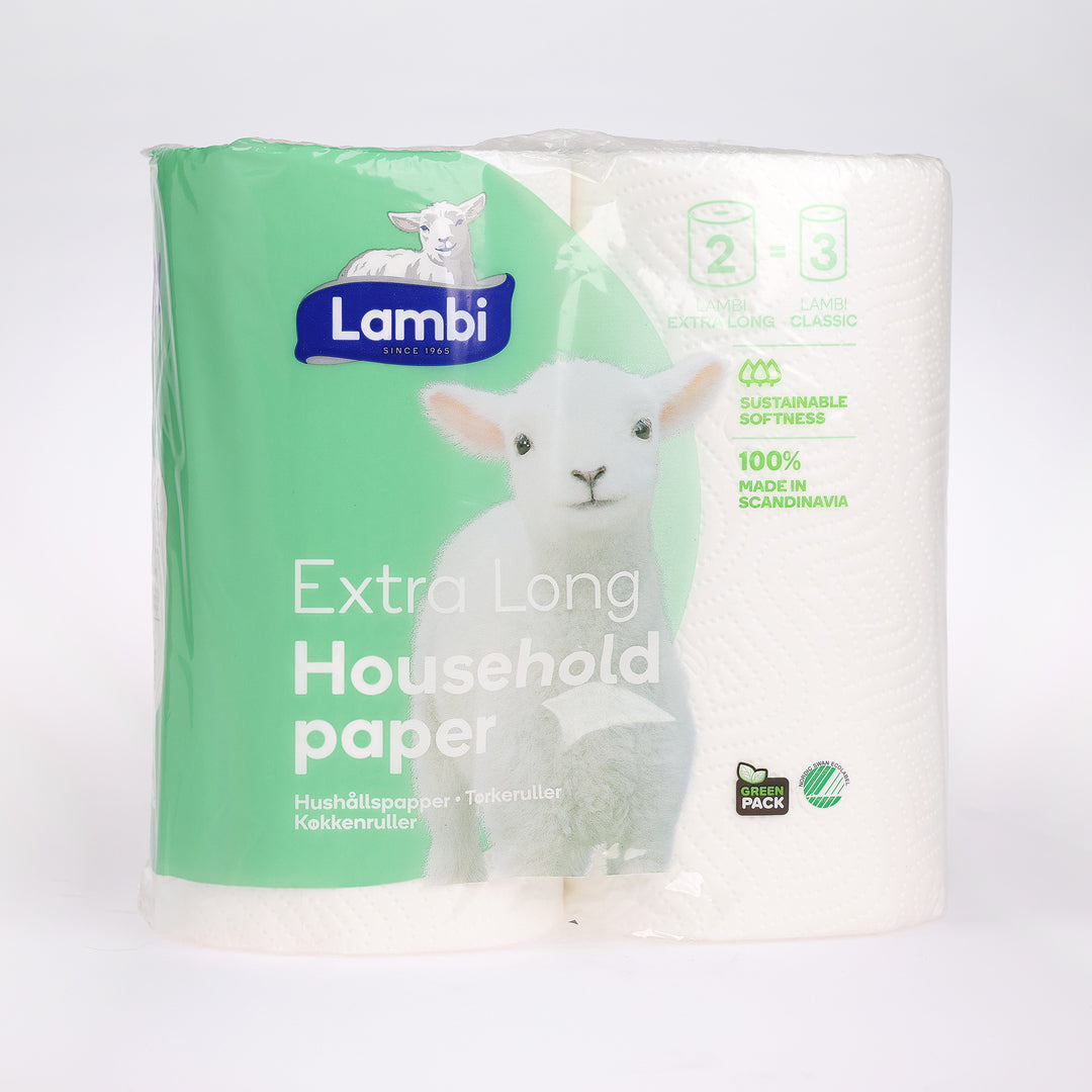 Extra Long 3-lags køkkenruller fra Lambi hos Cares.dk. Meget absorberende, og indeholder 50% mere papir end normale køkkenruller.