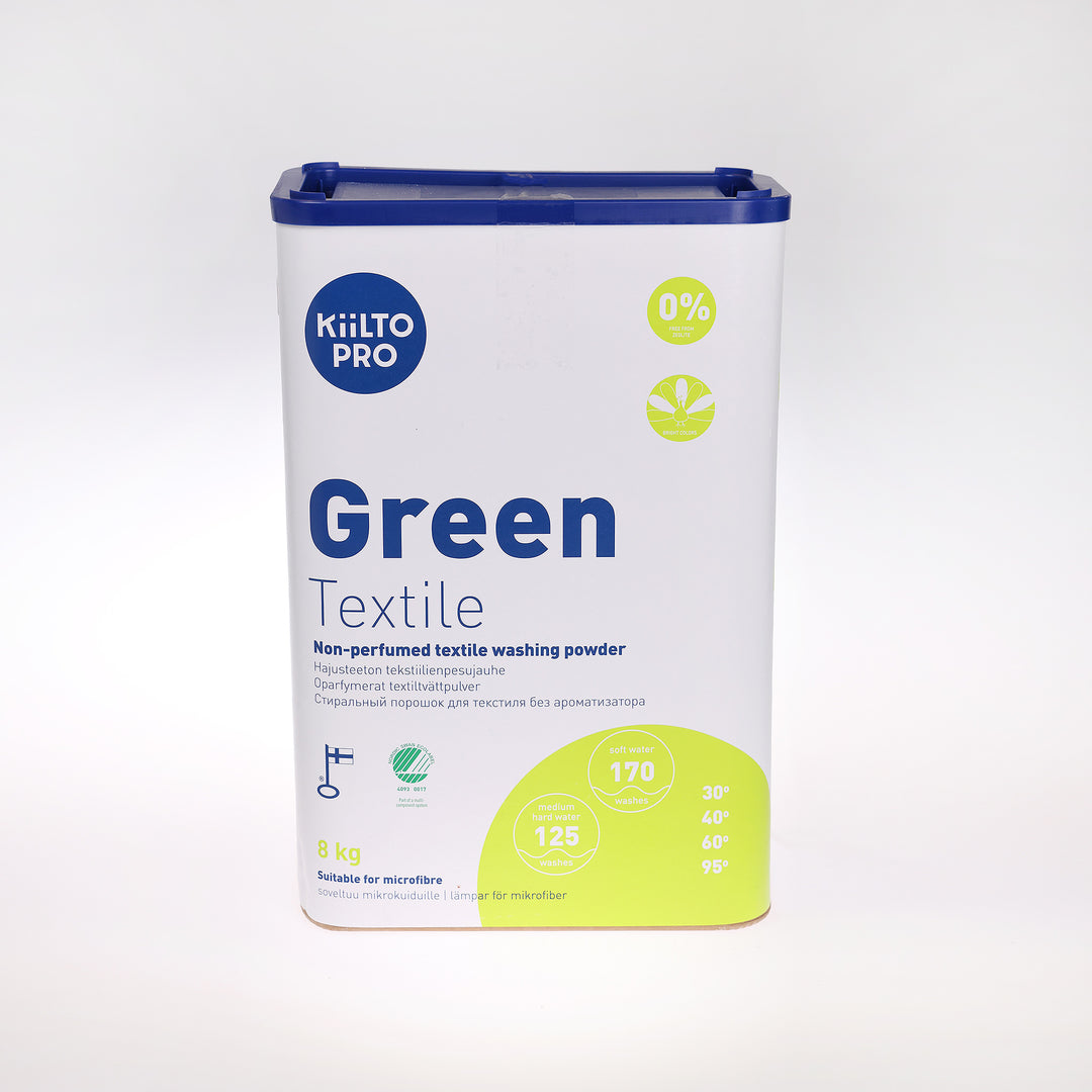 Med vaskepulver Kiilto Pro Green kan du holde dit farvede tøj eller mikrofibertekstiler som nye. Produktet bærer Svanemærket.