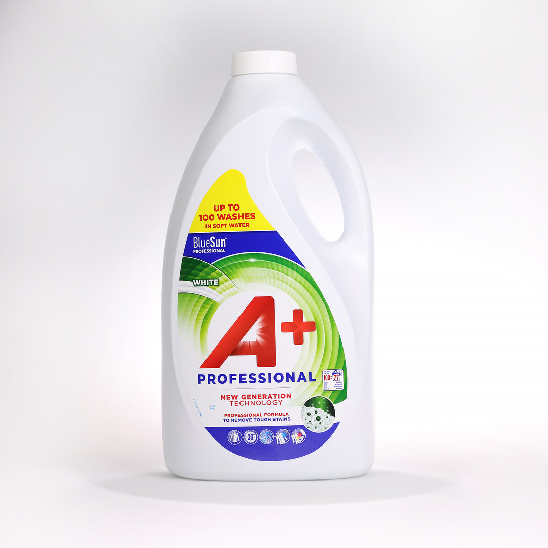 Vaskemiddel Ariel A+ Professional White m. duft, 5 ltr. er egnet til alle tekstiltyper og bekæmper nemt og effektivt pletter.