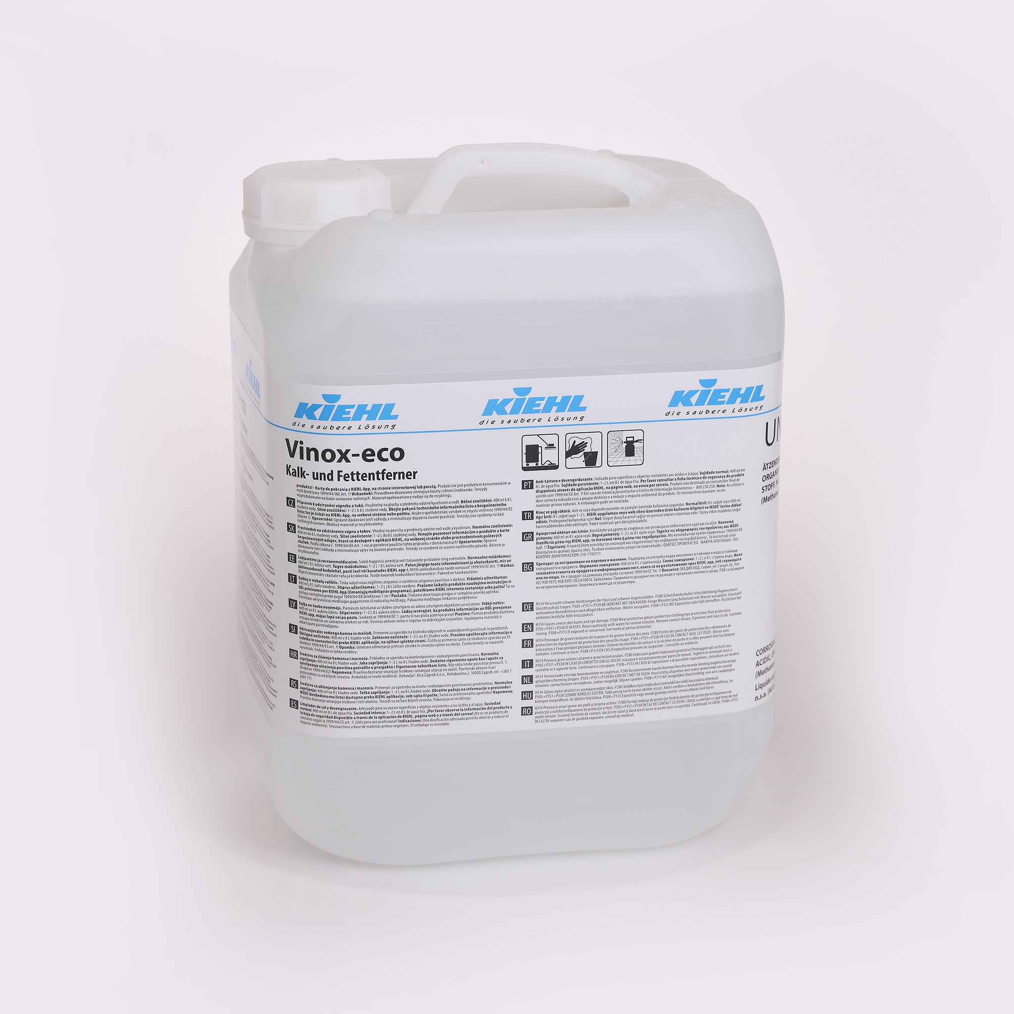 Kiehl Vinox-eco er en effektiv kalk- og fedtfjerner og sikrer en nem emulgering af fedtpletter. Til rengøring af køkkener m.m.
