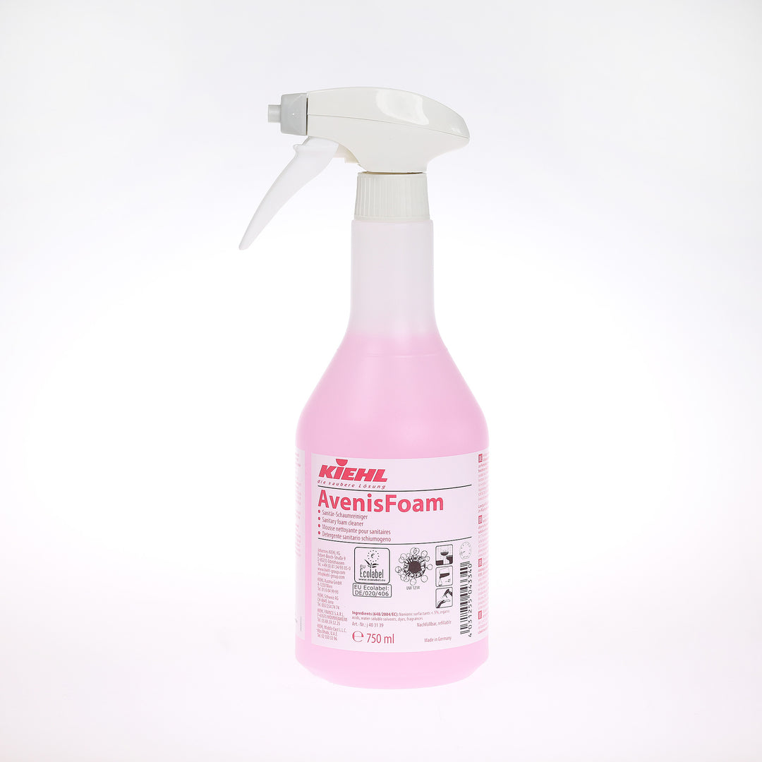 Kiehl AvenisFoam, 750 ml. fjerner nemt og effektivt kalk og sæberester fra sanitære områder. Fås med sprayfunktion.