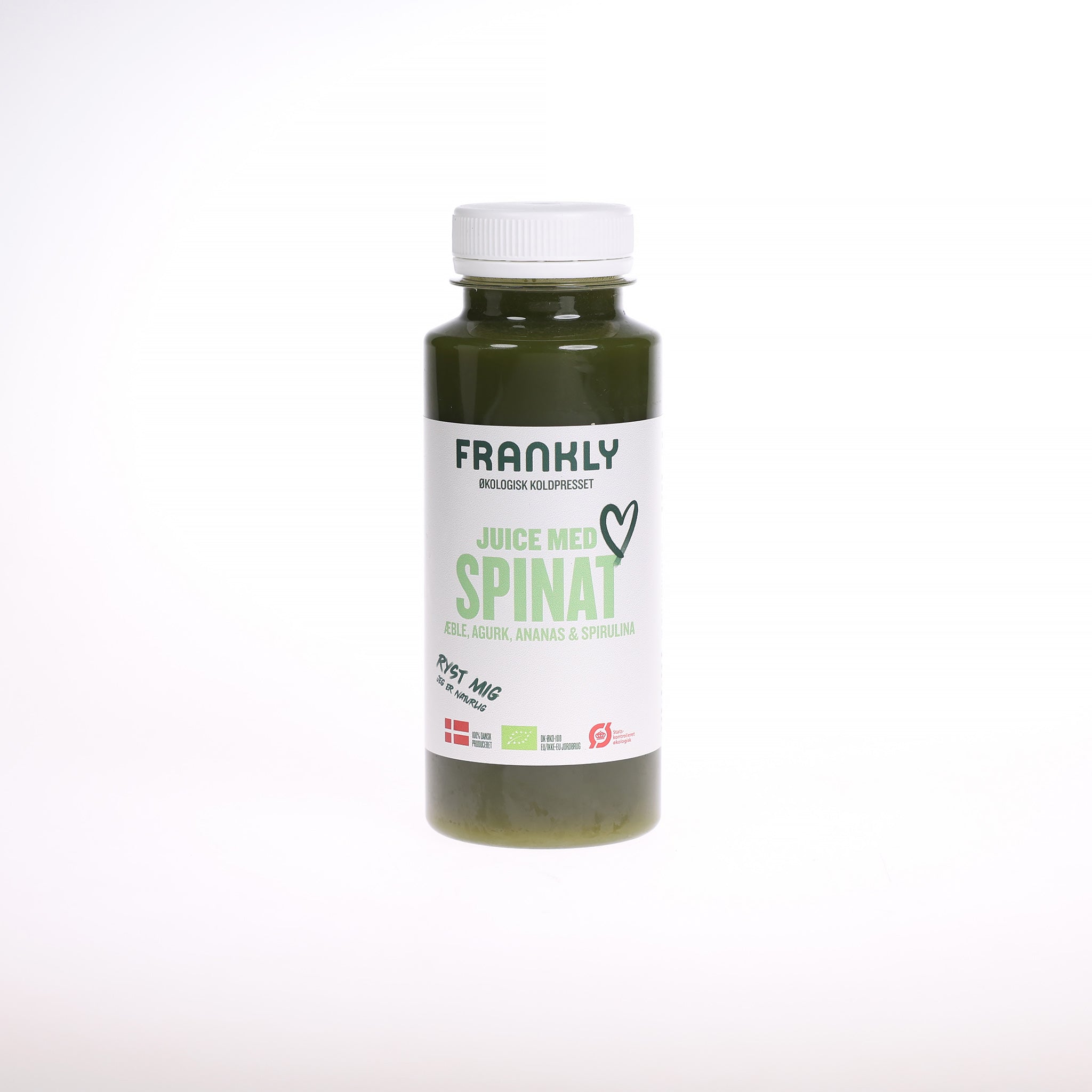 100% økologisk juice fra Frankly Juice. Juicen indeholder spinat, ananas, æble, agurk og grøn spirulina. Sundt og lækkert!