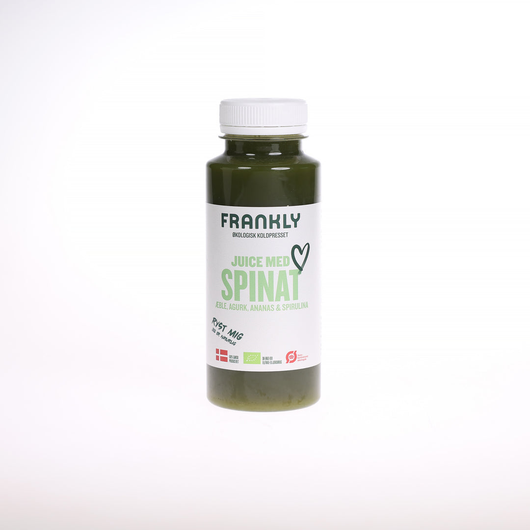 100% økologisk juice fra Frankly Juice. Juicen indeholder spinat, ananas, æble, agurk og grøn spirulina. Sundt og lækkert!